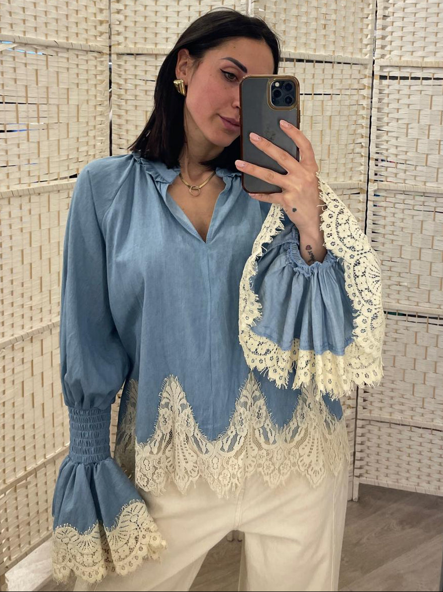 Blusa denim con pizzo Namastè