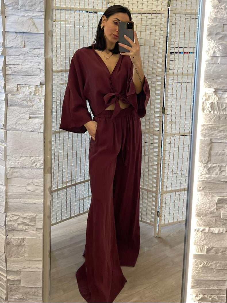 Pantalone viscosa Susy mix Bordeaux/sabbia