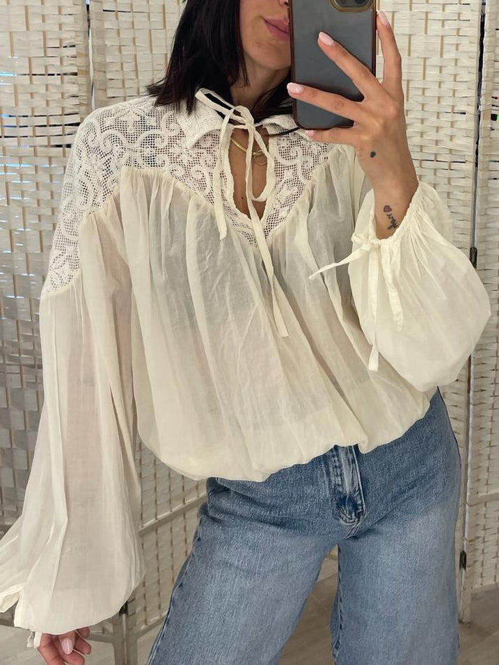 Blusa inserto macramè KIKISIX burro - rosa
