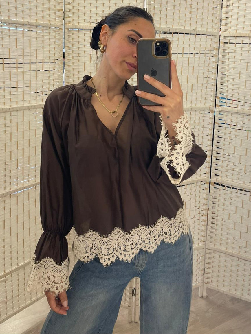 Blusa c/pizzo burro o marrone Susymix