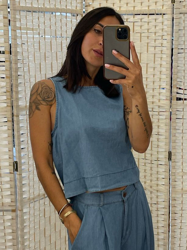 Top in chambray celeste Kikisix