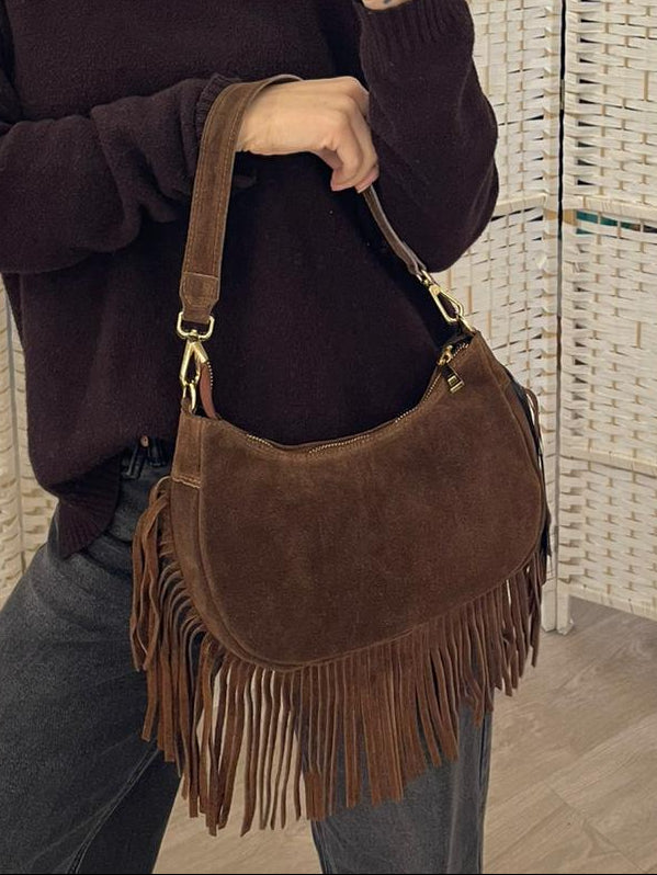 Borsa marrone pelle con frange