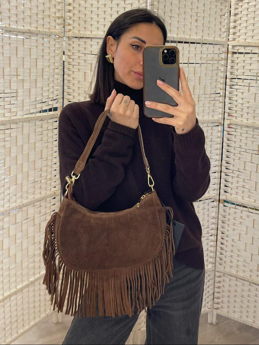 Borsa marrone pelle con frange