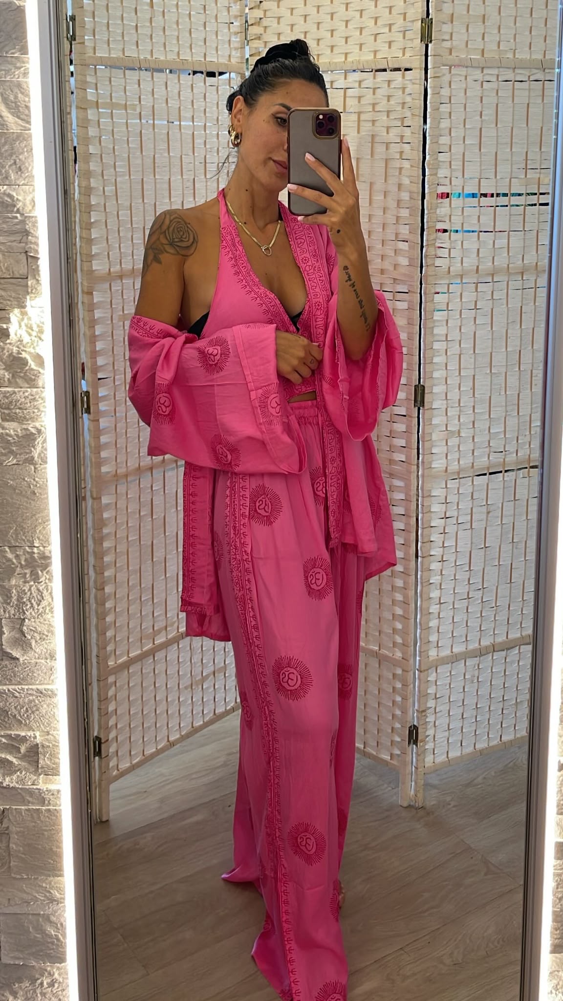 Completo fuxia top + pantalone + kimono
