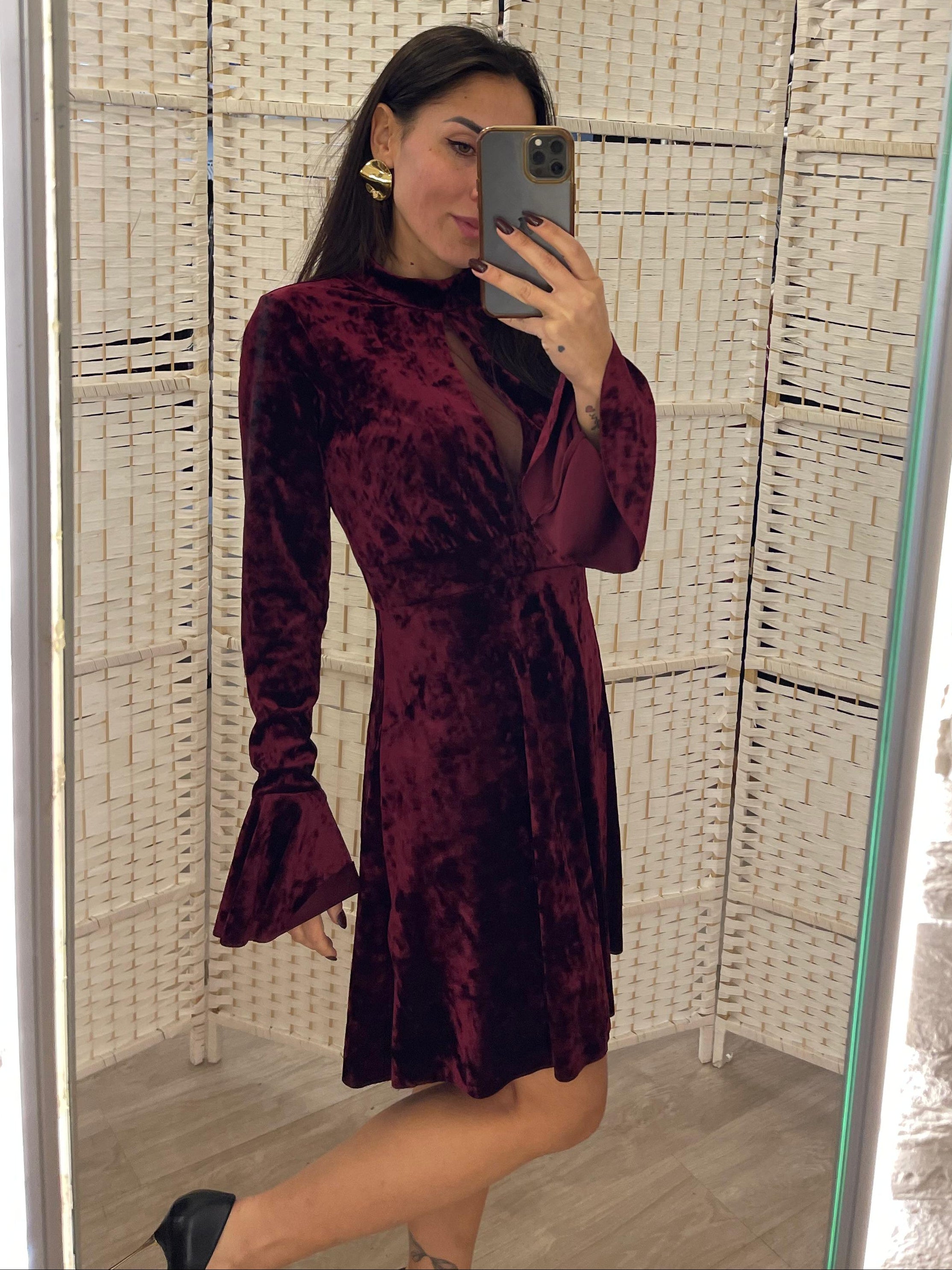 Abito corto velluto bordeaux D'L