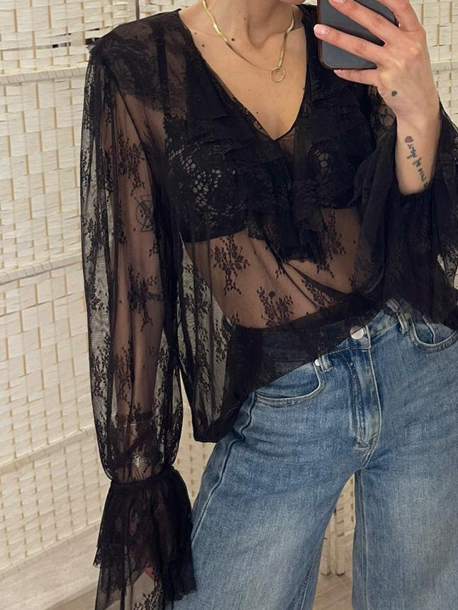 Blusa pizzo marrone Kikisix